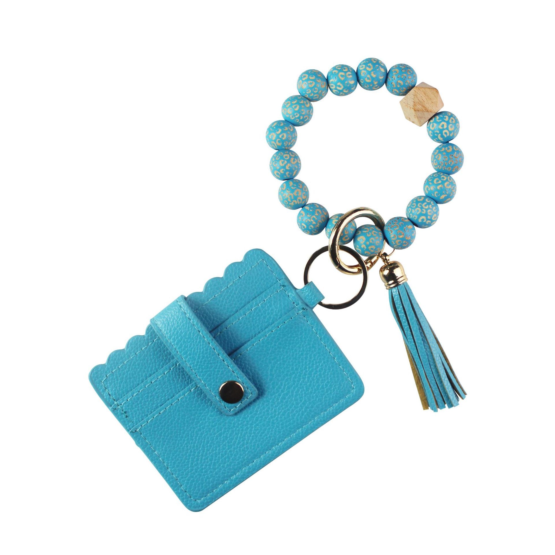 Wholesale Leopard Pattern Wood Bead Card Bag Tassel Wrist Keychain